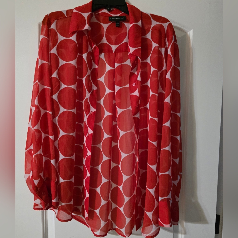 Lane Bryant Vibrant Red and White Polka Dot Patterned Blouse EUC